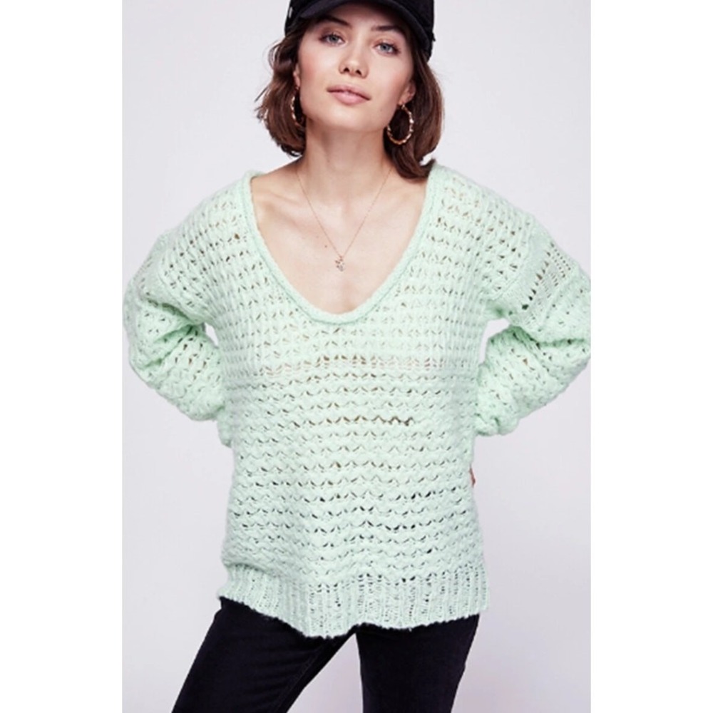 Free People Crashing Waves Sweater Women Large Mint Green Knit Crochet Oversized